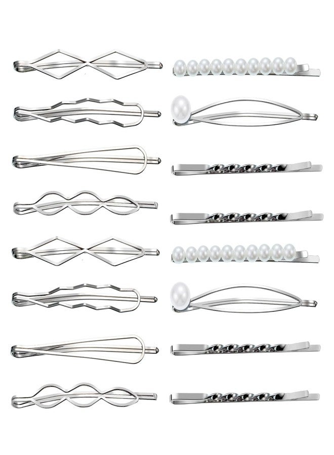 SUMAJU 16 Pieces Geometric Metal Hair Pins, Silver Hair Pins Pearls Hair Clips Hair Barrettes Metal Bobby Pins for Woman Girls - Image 1